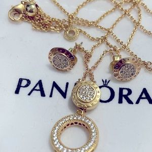 Pandora Retired Signature and Circle Pave Necklace and Earrings Set
